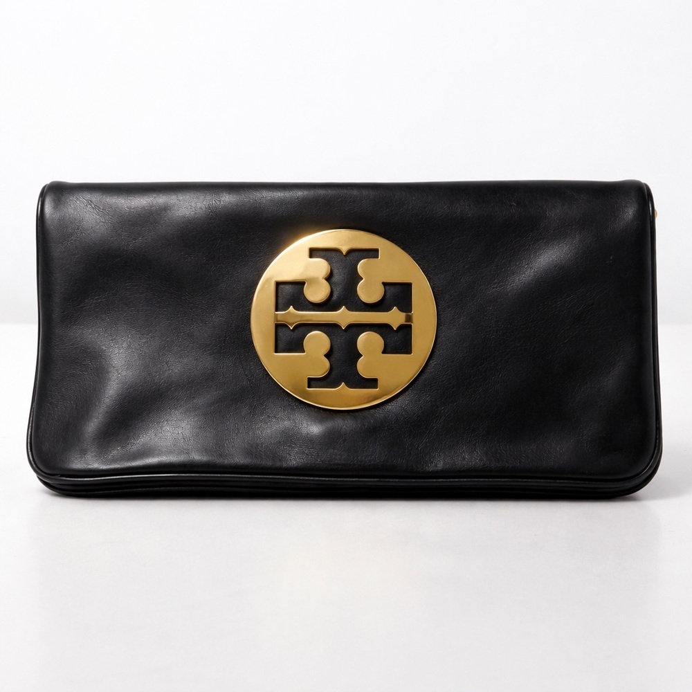 Tory Burch Black Leather Clutch with Gold Logo Emblem
